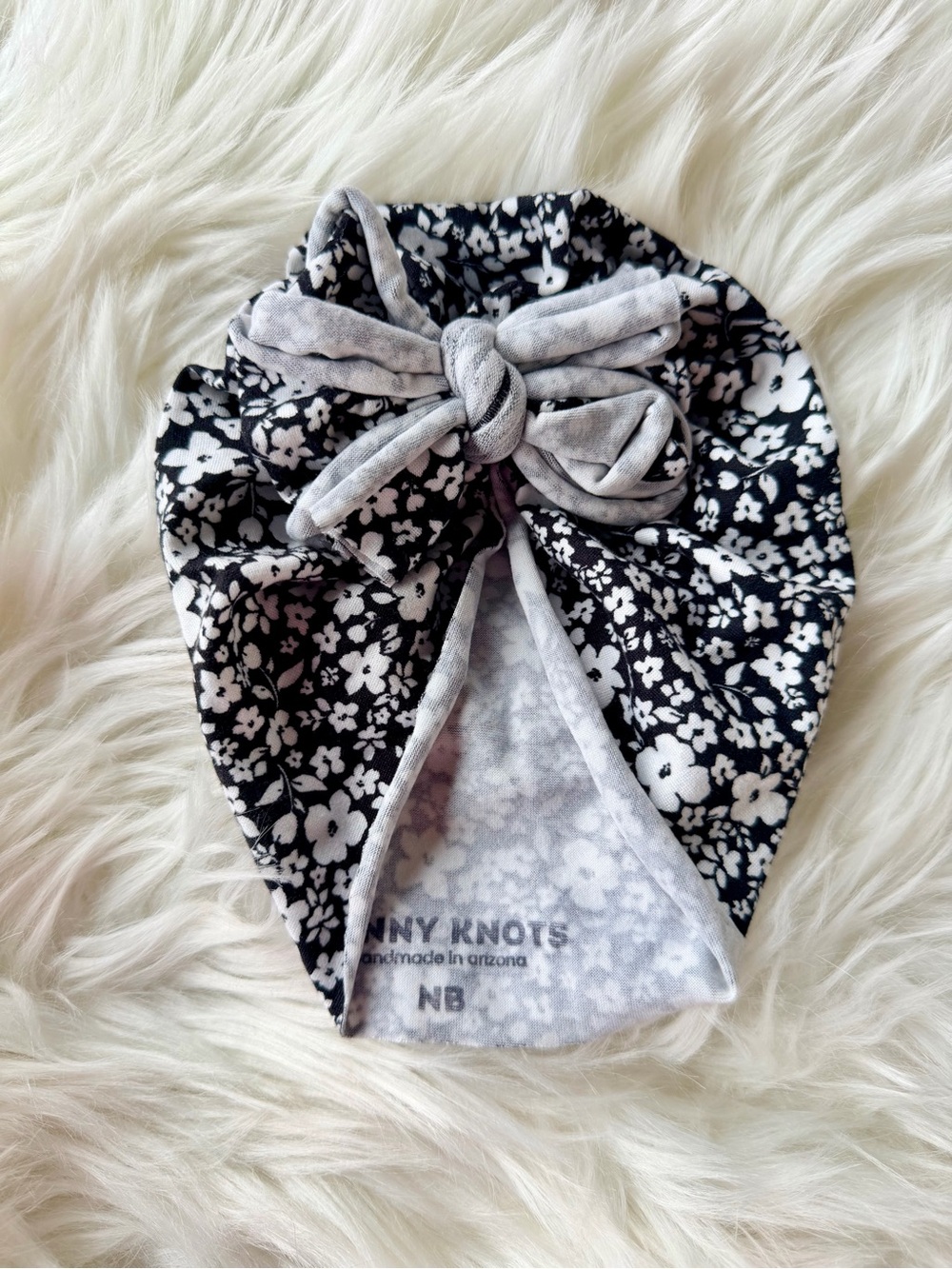 Bunny Knots Black & White Floral Turban Headwrap with Knotted Bow